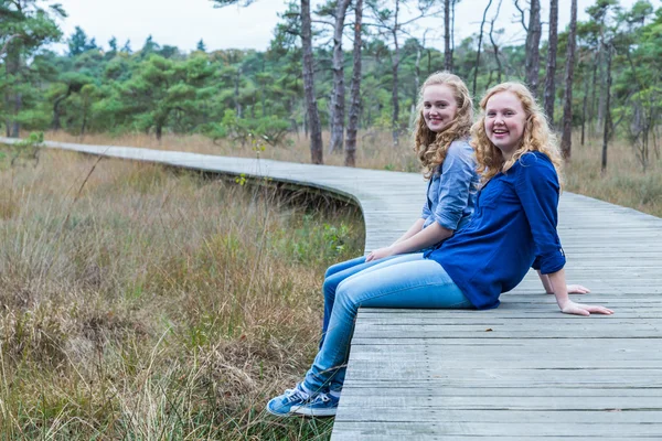 Zwei Schwestern sitzen auf Holzweg im Wald — Stockfoto