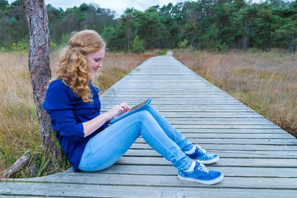 Chica holandesa trabajando con tableta ordenador en camino en la naturaleza —  Fotos de Stock