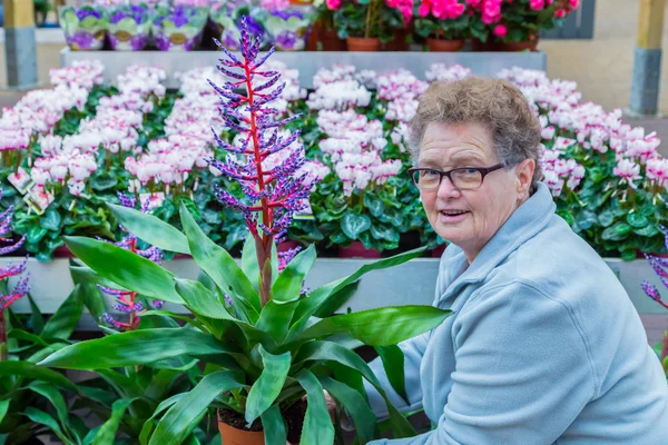 Mulher sênior mostrando planta com flores na loja — Fotografia de Stock