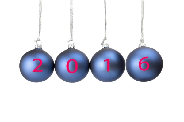 Quatre boules de Noël bleues symbolisant la nouvelle année 2016 — Photo