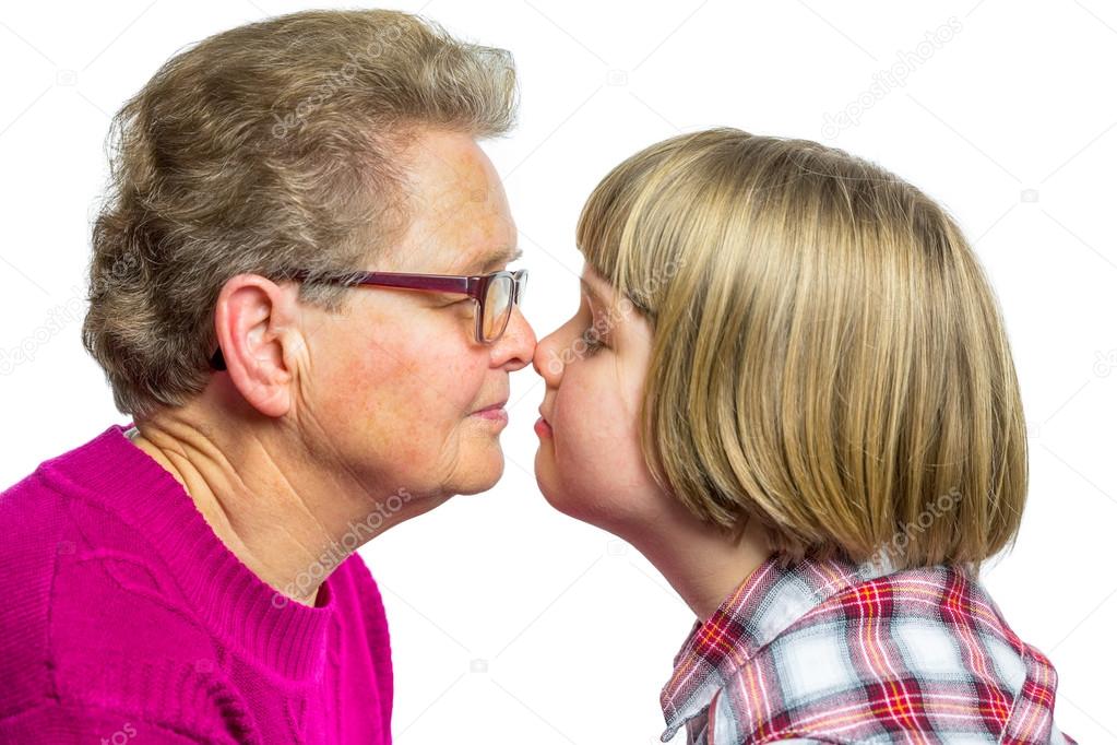 Dutch grandmother and grandchild noses touching