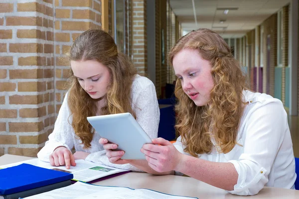 2 オランダの 10 代の少女の長い学校の廊下で勉強して — ストック写真