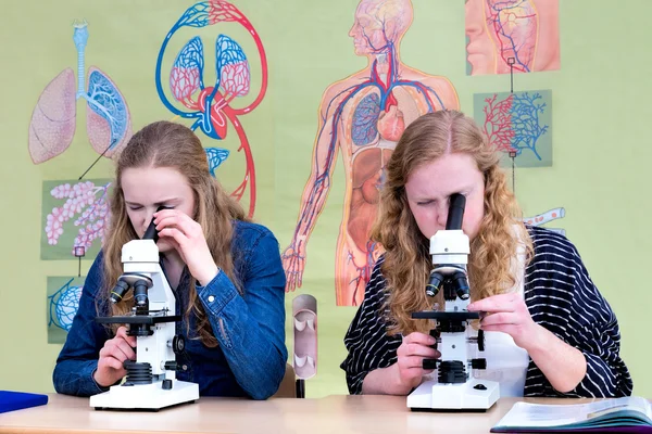 Two dutch teenage girls looking through microscope — Zdjęcie stockowe