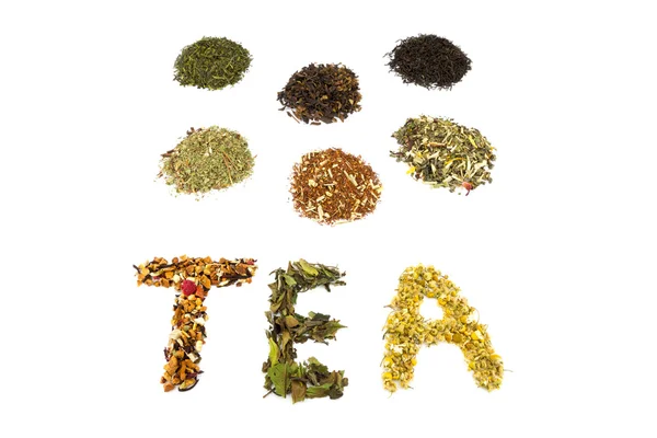 Slovo čaj s různými příchutěmi — Stock fotografie
