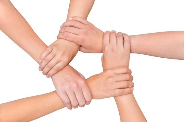 Beyaz arka plan üzerinde bir arada tutan çocukların beş silah