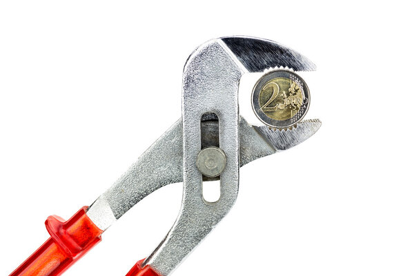 Water pump pliers holding two euro coin on white background