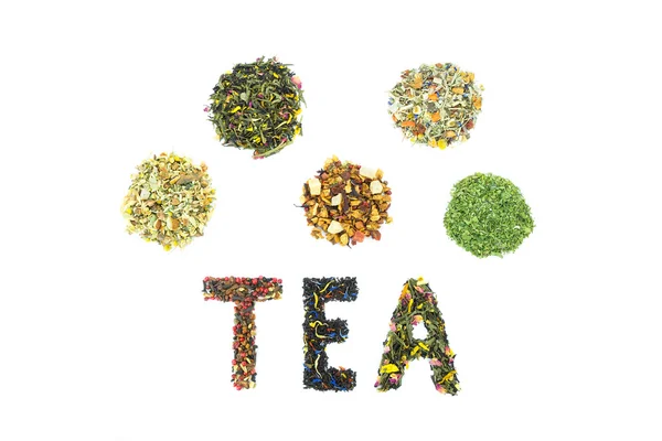 Palabra TEA con surtido de especies de té — Foto de Stock