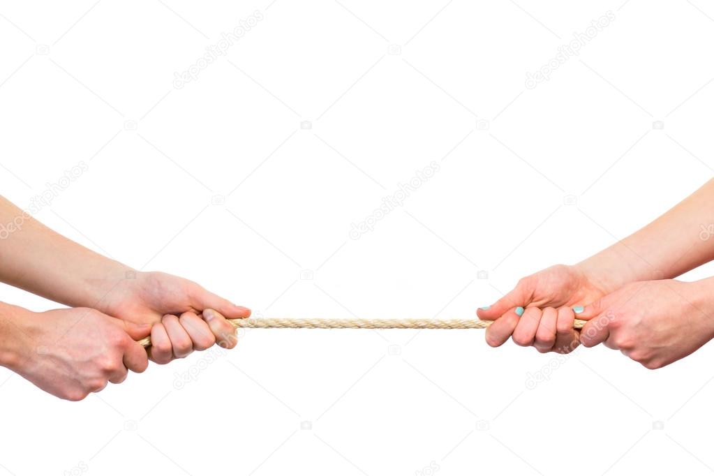 Female arms pulling rope on white background