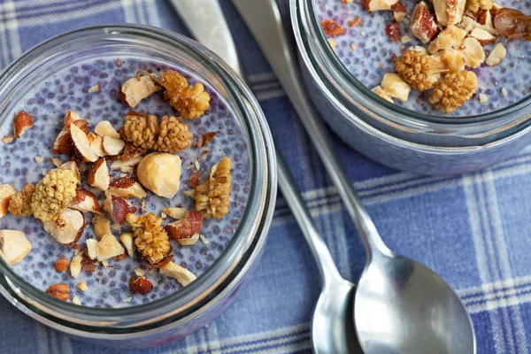 Lavender blue blueberry chia seed pudding in mason jars — Stock Photo, Image