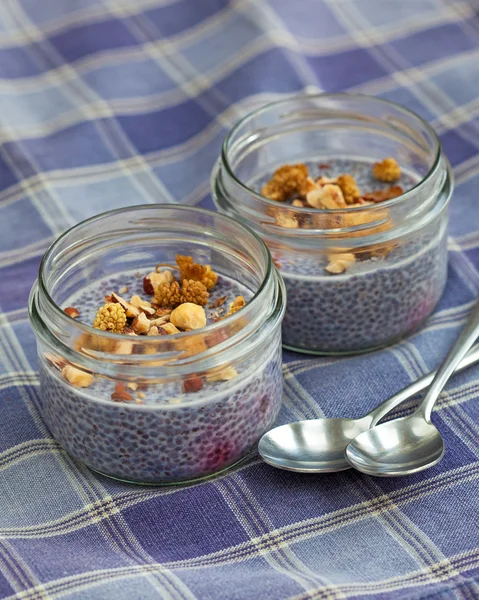 Lavender blue blueberry chia seed pudding in mason jars — Stock Photo, Image