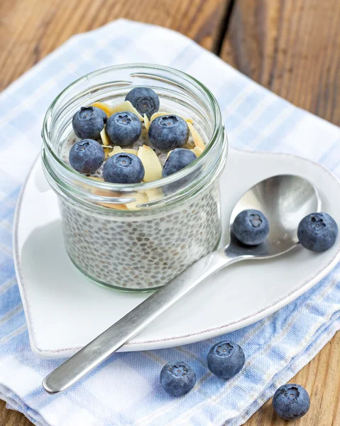 Vanilla chia seed pudding with blueberries and almonds — Stock Photo, Image