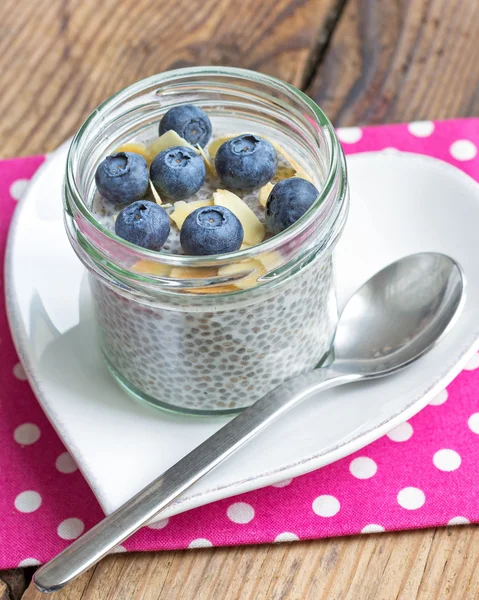 Vanilla chia seed pudding with blueberries and almonds — Stock Photo, Image