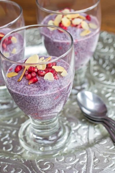 Blueberry and raspberry chia pudding on silver plate — Stock Photo, Image