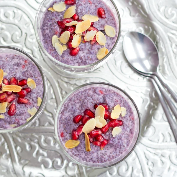 Blueberry and raspberry chia pudding on silver plate — Stock Photo, Image