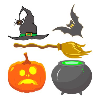 Cadı aksesuarları, sihirli kazan, sineklik, yırtık göz küresi, yanan mum, süpürge, kimyasal şişeler, kara yarasa, örümcekli cadı şapkası. Cadılar Bayramı dekorasyonu. Cadılar Bayramı nesneleri
