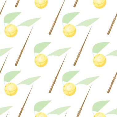  Golden snitch and Magic wand seamless pattern on white background. Subjects of the school of magic. For greeting card, gift box, wallpaper, fabric, web design. Vector cartoon illustration clipart