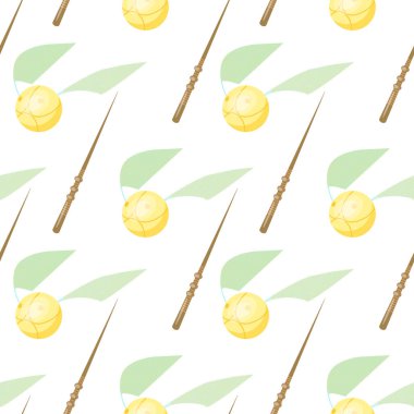  Golden snitch and Magic wand seamless pattern on white background. Subjects of the school of magic. For greeting card, gift box, wallpaper, fabric, web design. Vector cartoon illustration clipart