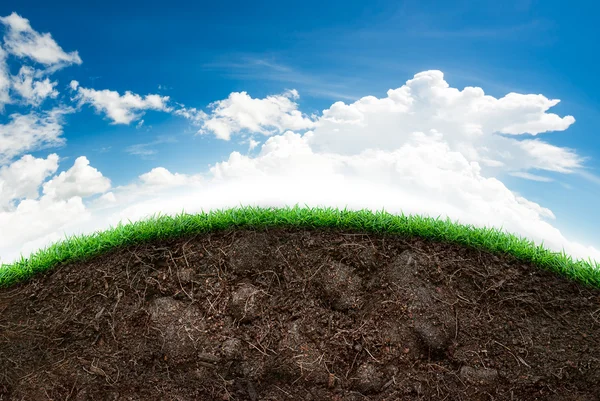 Erde und Gras im blauen Himmel — Stockfoto