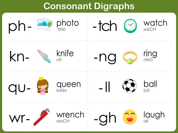 ผ้าขนหนู Digraphs แผ่นงานสําหรับเด็ก — ภาพเวกเตอร์สต็อก