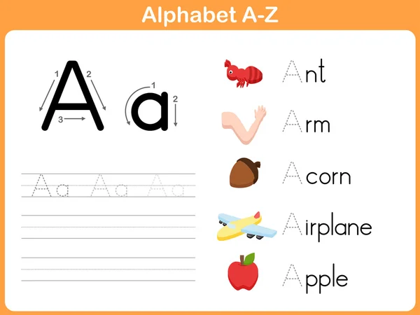 แผ่นงานการติดตามตัวอักษร: การเขียน A-Z — ภาพเวกเตอร์สต็อก