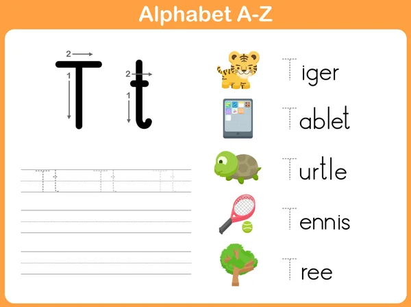 Foglio di lavoro di tracciamento dell'alfabeto: scrittura A-Z — Vettoriale Stock