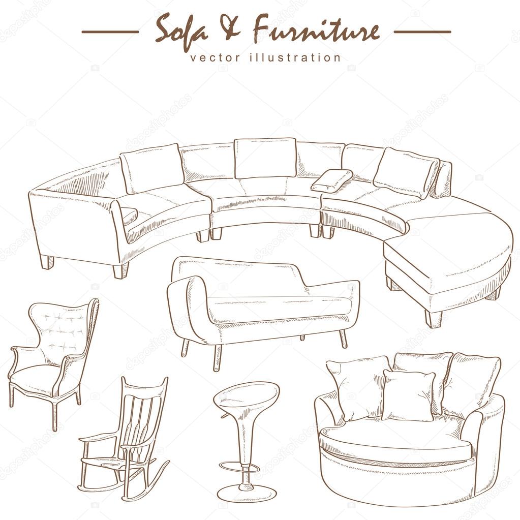 Furniture collection sketch drawing vector