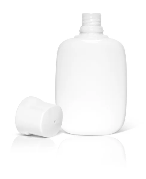 Garrafa branca de bálsamo Aftershave em um fundo branco — Fotografia de Stock