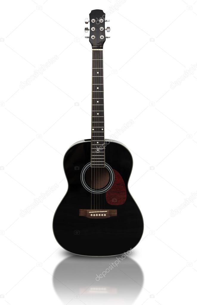 Black acoustic guitar is isolated on the white background