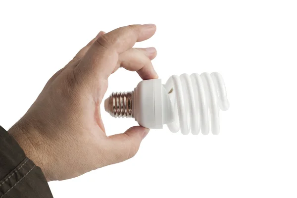 Energiesparlampe in der Hand des Mannes — Stockfoto