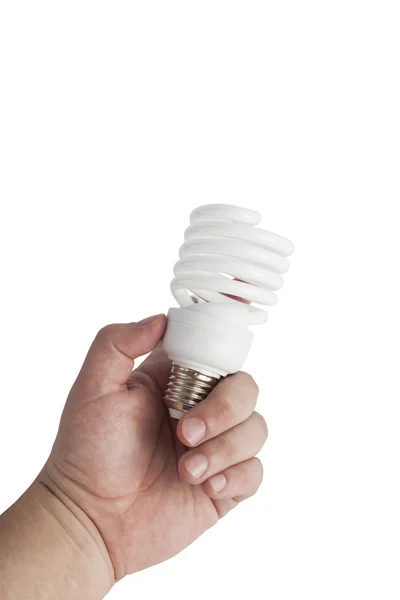 Energiesparlampe in der Hand des Mannes — Stockfoto