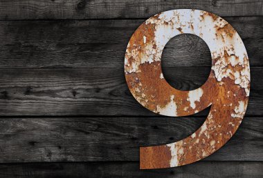 Eski paslı metal alfabesi, ahşap arka plan üzerinde metin 6