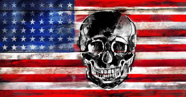 American Flag Human Skull Wood Surface Background — Stock Photo, Image