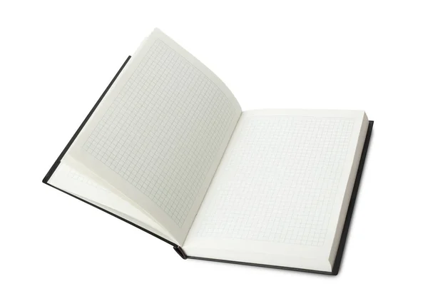 空の開いたノートブックは白い背景で閉じます クリッピングパス付きトップビュー日記 — ストック写真