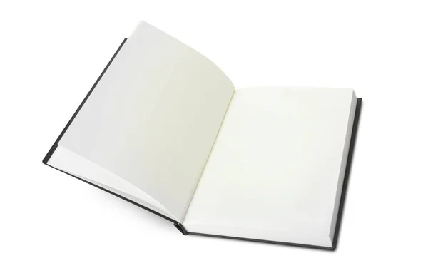 空の開いたノートブックは白い背景で閉じます クリッピングパス付きトップビュー日記 — ストック写真