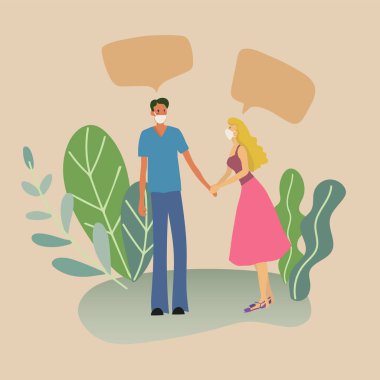 Yeni normal sevgililer günü çiftleri web tasarımı için bahçede beyaz maske takıyorlar.