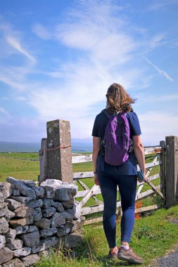 Ribblesdale, Craven Bölgesi, Kuzey Yorkshire, İngiltere 'de 15 Ağustos 2020' de kadın yürüyüşçü..