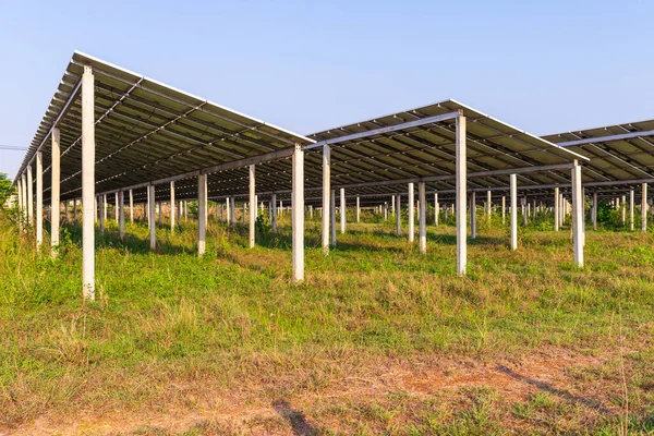 Solar panel on blue sky background. landscape of solar cell farm. Clean technology for better future.