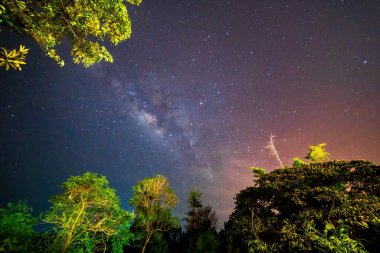 Samanyolu 'yla manzara. Galaktik çekirdeğin gece gökyüzü. Galaktik Çekirdeğin Güzel Resmi. Yıldızların Uzun Maruziyeti.