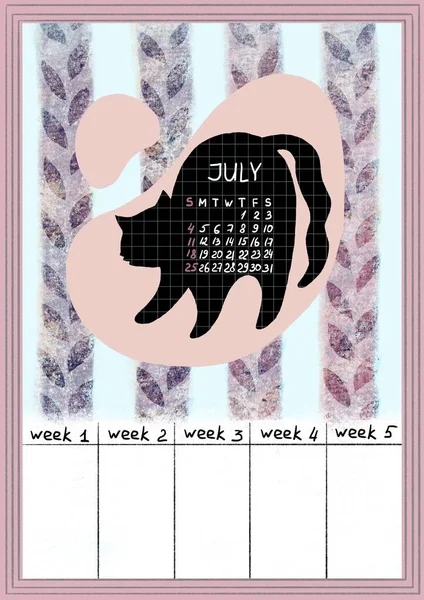 Siyah kedili, çizgili arka plan ve notlar için 2021 Temmuz takvimi