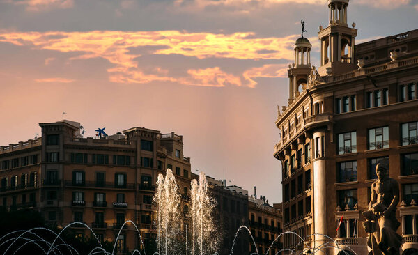 Barcelona, Spain-October 12, 2020: Barcelona, Buildings facing Catalunya Square Catalonia plaza.