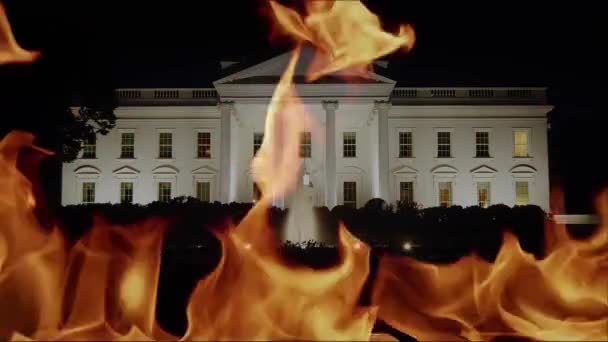 Koncept hořícího Bílého domu ilustrující Trumpovo podněcování a pobuřování, které způsobilo nepokoje, povstání a zpustošení pater Kapitolu USA a Senátu — Stock video