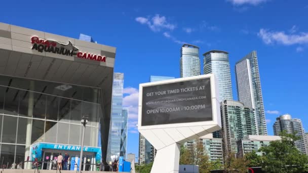 Toronto Ripleys Aquarium entree gelegen in het centrum van Toronto in de buurt van CN Tower, Skydome en Ontario Lake. Drukte verzamelen om attracties te zien na Covid lockdown maatregelen zijn ontspannen — Stockvideo