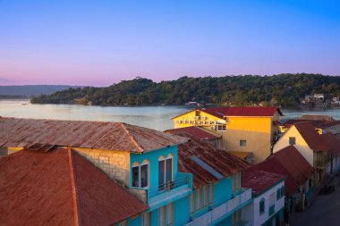 Colorful colonial architecture of historic center of Flores, Guatemala