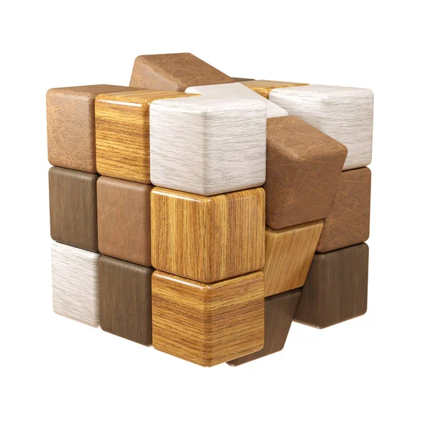 Farklı tahıl ve renklere sahip çeşitli ahşap bloklardan yapılmış, küp şeklinde karmaşık bir 3 boyutlu bulmaca. Sade bir zeminde izole edilmiş, problem çözme, inşaat ve doğal materyalleri sembolize ediyor..