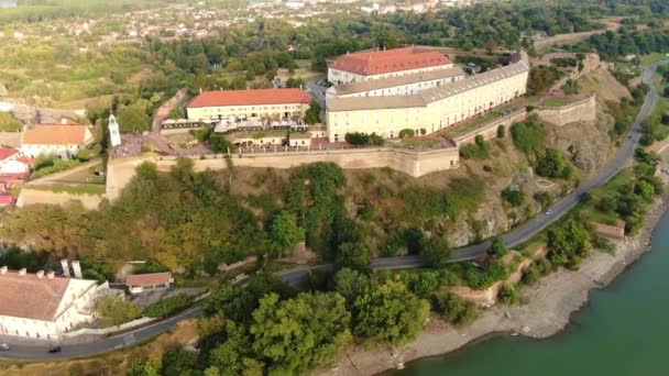 Novi Sad Serbia. Aerial View of Petrovaradin Fortress on Hill Above Danube River — Stock Video