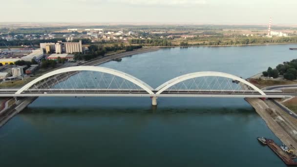 Drone Aerial View of Zezelj Bridge Above Danube River, Novi Sad, Serbia — стокове відео