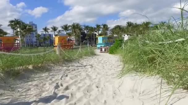Marcher sur le chemin sablonneux vide entre Miami South Beach et Ocean Drive, Floride. — Video