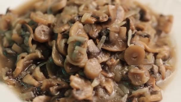 Close Up of Cooked Mushrooms in White Plate. Healthy Vegan Cuisine — Stock Video