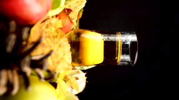 Vídeo vertical, Zumo de manzana fresca en vidrio con decoración de otoño, Primer plano Spin — Vídeo de stock