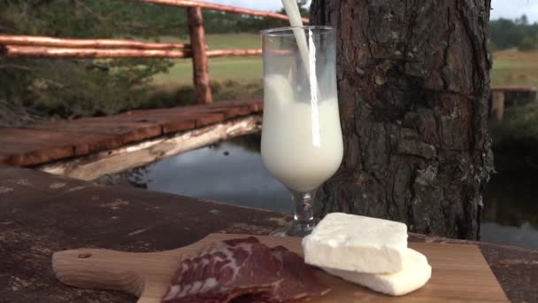 Verter leche en un vaso con picnic en la naturaleza por Creek y Meadow, Serbia — Vídeo de stock